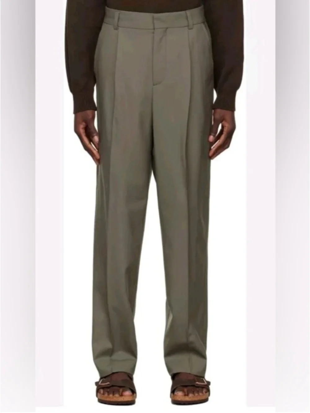 Another Aspect 1.0 Mens Pleated Wool Trousers Grey Green Tapered Sz 46 Italy